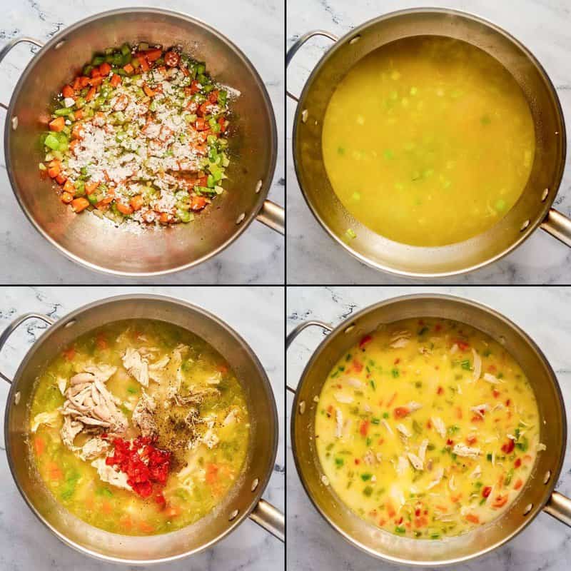 Collage of making chicken bisque.