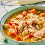 Chicken bisque in a soup crock.