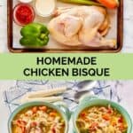 Chicken bisque ingredients and the finished soup in two bowls.