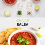 Copycat Chili's salsa ingredients and the salsa in a bowl.
