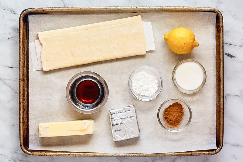 Copycat Cinnabon cinnamon stix ingredients on a tray.