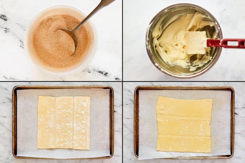 Collage of making cinnamon sugar, cream cheese frosting dip, and rolling out pastry dough.