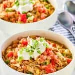 Crockpot white chicken chili in two bowls.