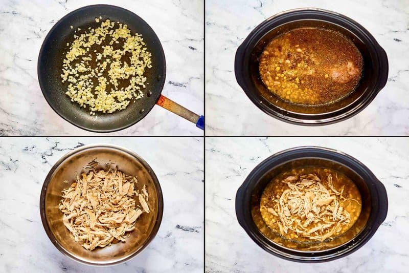 Collage of making crockpot white chicken chili.
