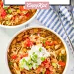 Crockpot white bean chicken chili in two bowls.