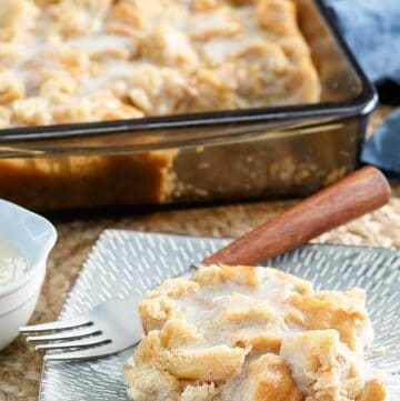 Copycat Golden Corral bread pudding with vanilla sauce.