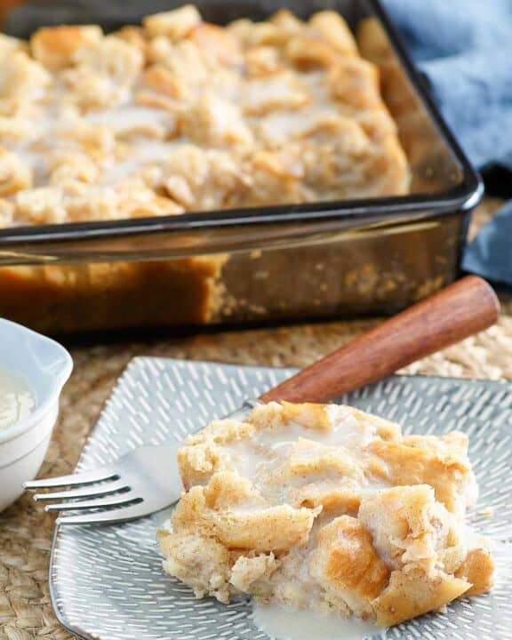 Copycat Golden Corral bread pudding with vanilla sauce.