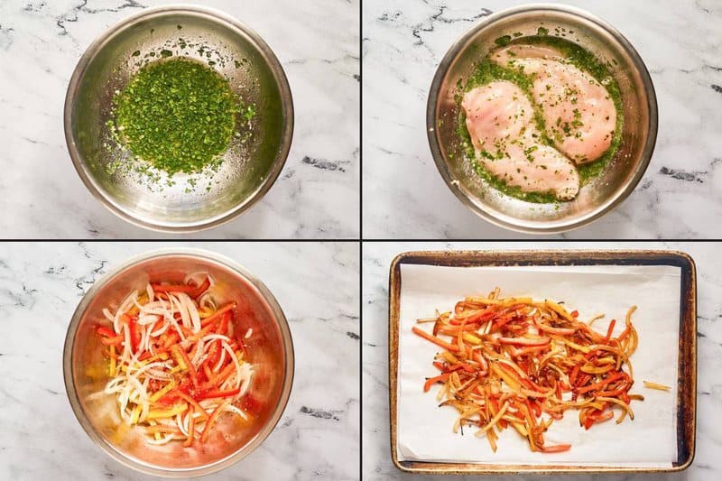 Collage of marinating chicken and vegetables for fajitas.