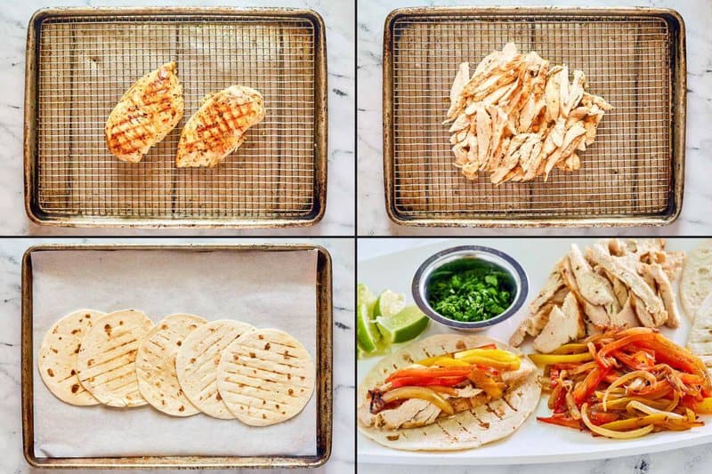 Collage of preparing and serving grilled chicken fajitas.