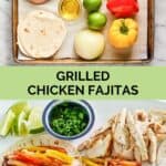 Grilled chicken fajitas ingredients and the finished dish.