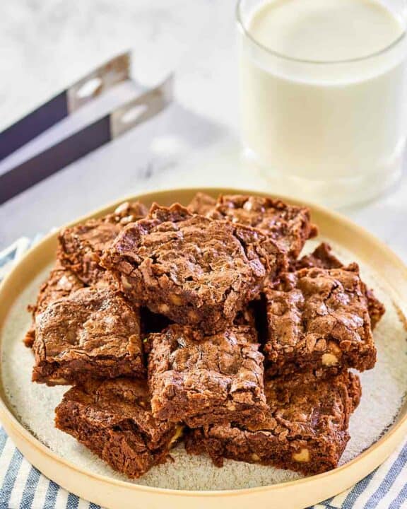 Hershey's brownies with nuts on a plate.