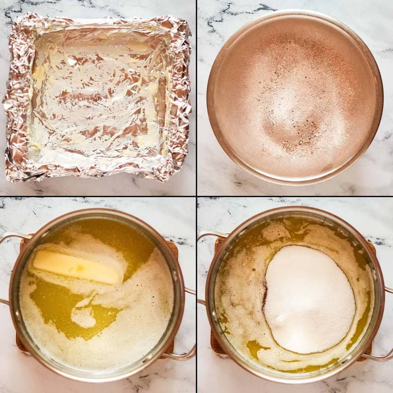Collage of steps for making Hershey's brownies.