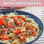 Homemade Johnny Carino's angel hair pasta with artichokes and tomatoes.