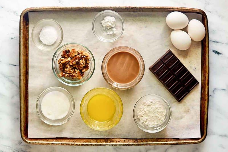 Kahlua brownies ingredients on a tray.