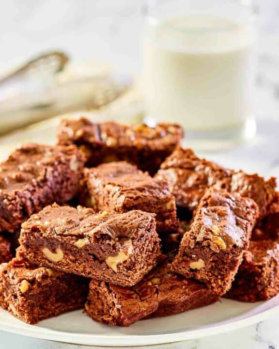 Homemade Kahlua brownies on a plate.