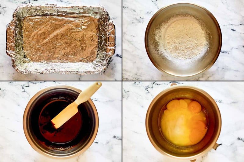 Collage of steps in preparing Kahlua brownies.