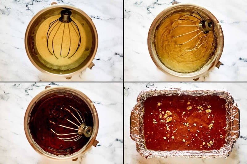 Collage of making the batter for Kahlua brownies.
