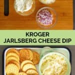 Copycat Kroger Jarlsberg cheese dip ingredients and the finished dip with crackers.