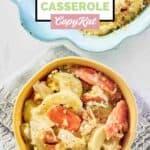 Homemade Luby's squash casserole in a baking dish and a serving in a bowl.