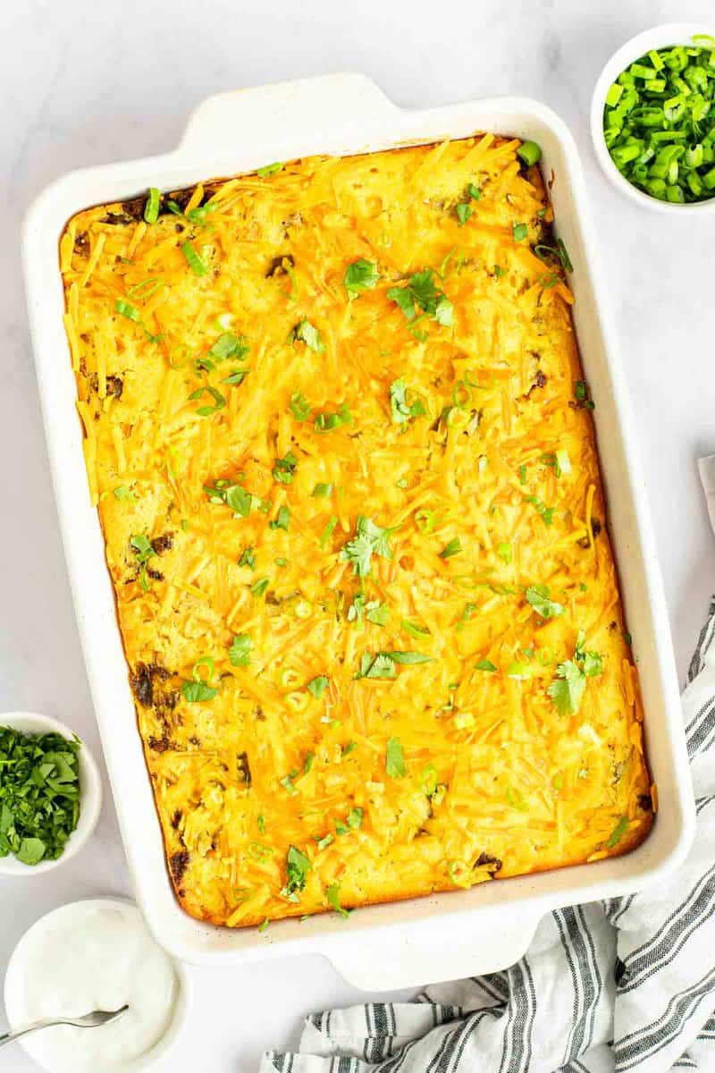 Mexican cornbread casserole in a baking dish.