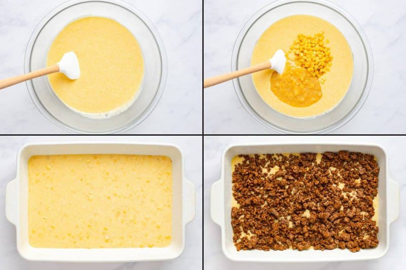 Collage of preparing ingredients for Mexican cornbread casserole.