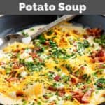Homemade O'Charley's loaded potato soup topped with bacon, cheese, and chives.