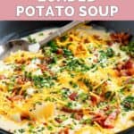 Homemade O'Charley's loaded baked potato soup with toppings in a bowl.