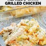 Copycat Olive Garden Asiago Tortelloni Alfredo with chicken on a square plate.
