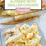Homemade Olive Garden Asiago Tortelloni Alfredo with grilled chicken on a square plate.