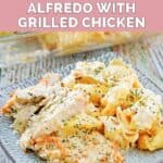 A serving of homemade Olive Garden Asiago Tortelloni Alfredo with chicken.