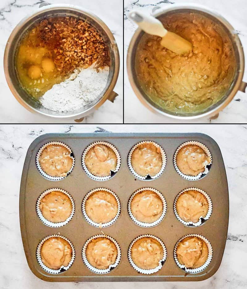 Collage of making copycat Otis Spunkmeyer banana nut muffins.