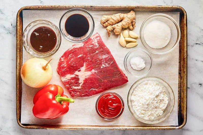 Copycat Panda Express Beijing beef ingredients on a tray.