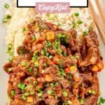Homemade Panda Express Beijing beef and white rice on a platter.