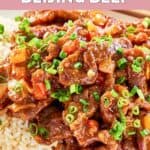 Homemade Panda Express Beijing beef over white rice.