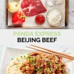 Copycat Panda Express Beijing beef ingredients and the finished dish.