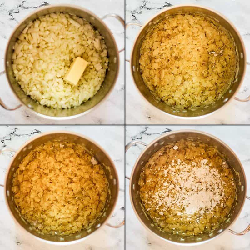 Collage of cooking onions for copycat Panera French onion soup.