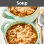 Homemade Panera Bread French onion soup in two bowls.
