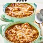 Homemade Panera French onion soup in two soup crocks.