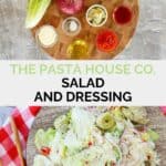 Copycat Pasta House salad and dressing ingredients and the finished salad.
