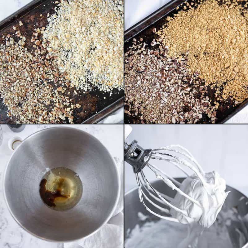 Collage of toasting pecans and crackers and making meringue.