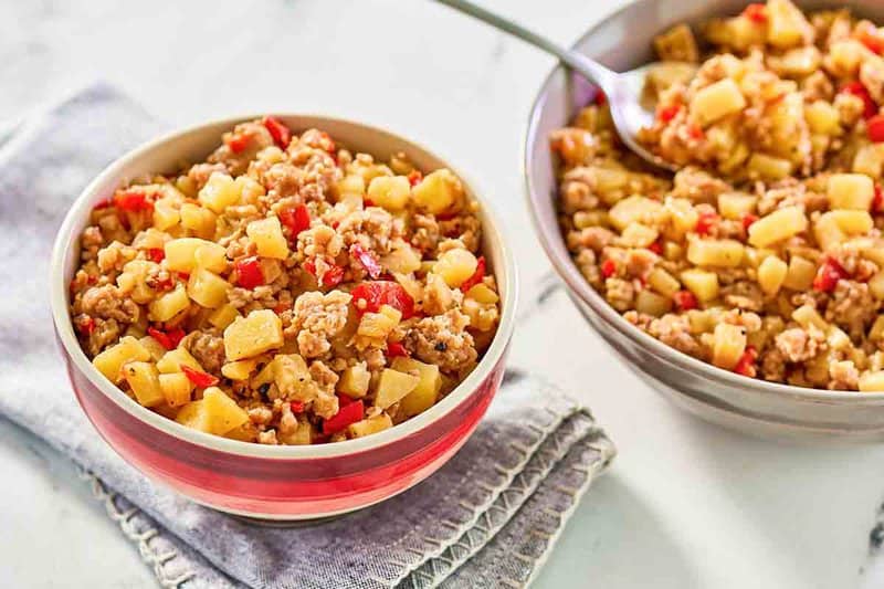 Sausage hash in bowls.