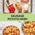 Sausage hash ingredients and the finished dish.