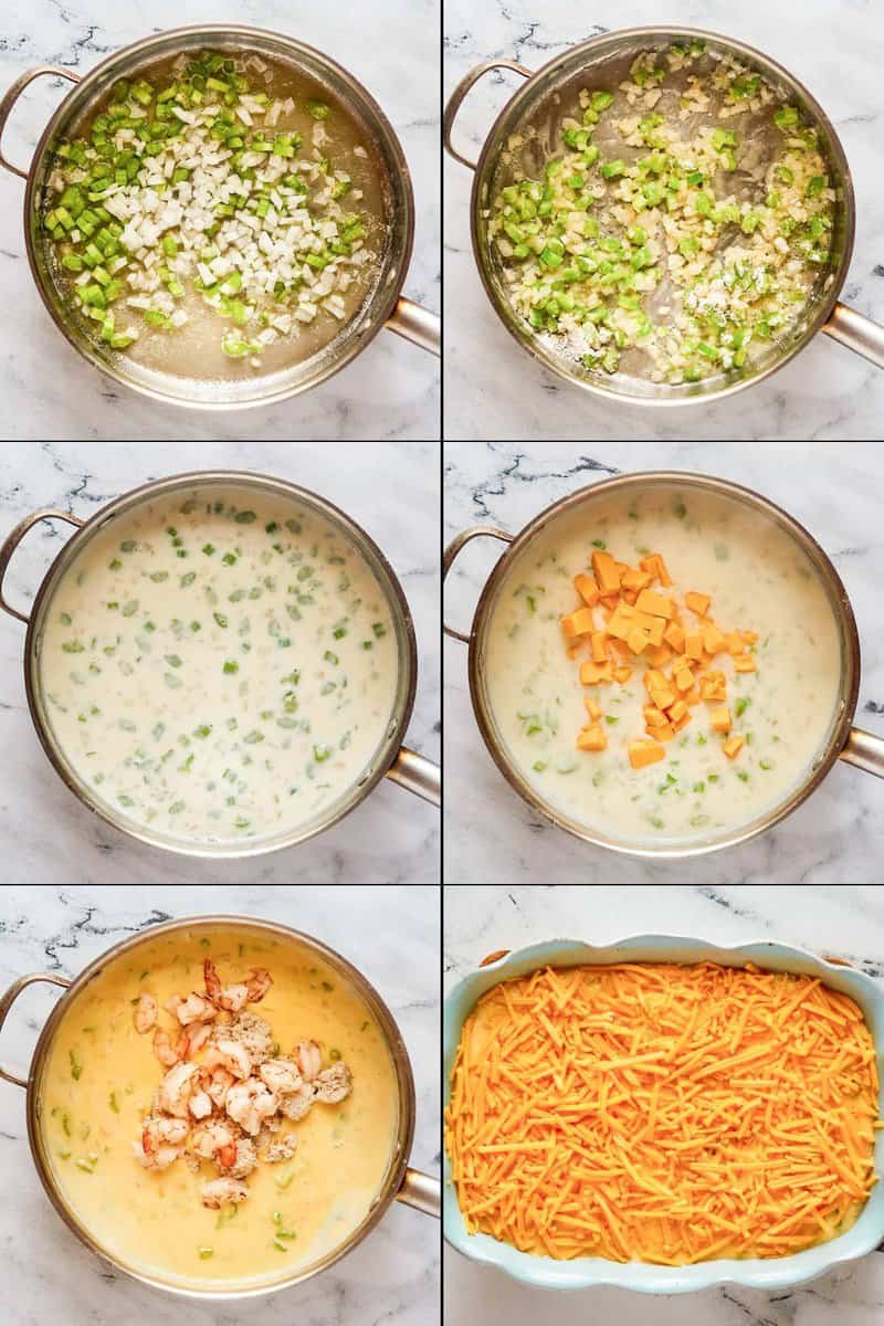 Collage of making shrimp and crab au gratin.