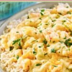 A plate of shrimp and crab au gratin served over rice.