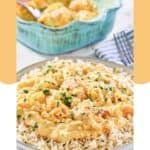 Shrimp and crab au gratin on top of rice on a plate.