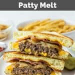 Homemade Waffle House Texas bacon patty melt sandwich halves on a plate.