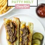Homemade Waffle House Texas bacon patty melt on a plate and fries on another plate.