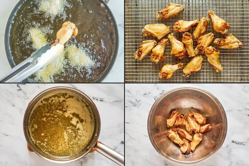 Collage of making copycat Wingstop lemon pepper wings.