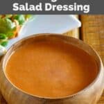 Homemade Benihana ginger salad dressing in a small wood bowl.