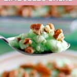 Homemade Furr's cafeteria lime jello salad on a spoon.